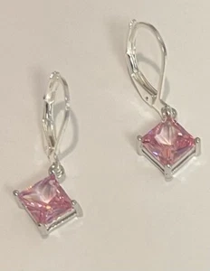 SILVER 925 MINIMALIST SQUARE PRINCESS CUT 8mm PALE PINK LEVER BACK EARRINGS - Picture 1 of 11