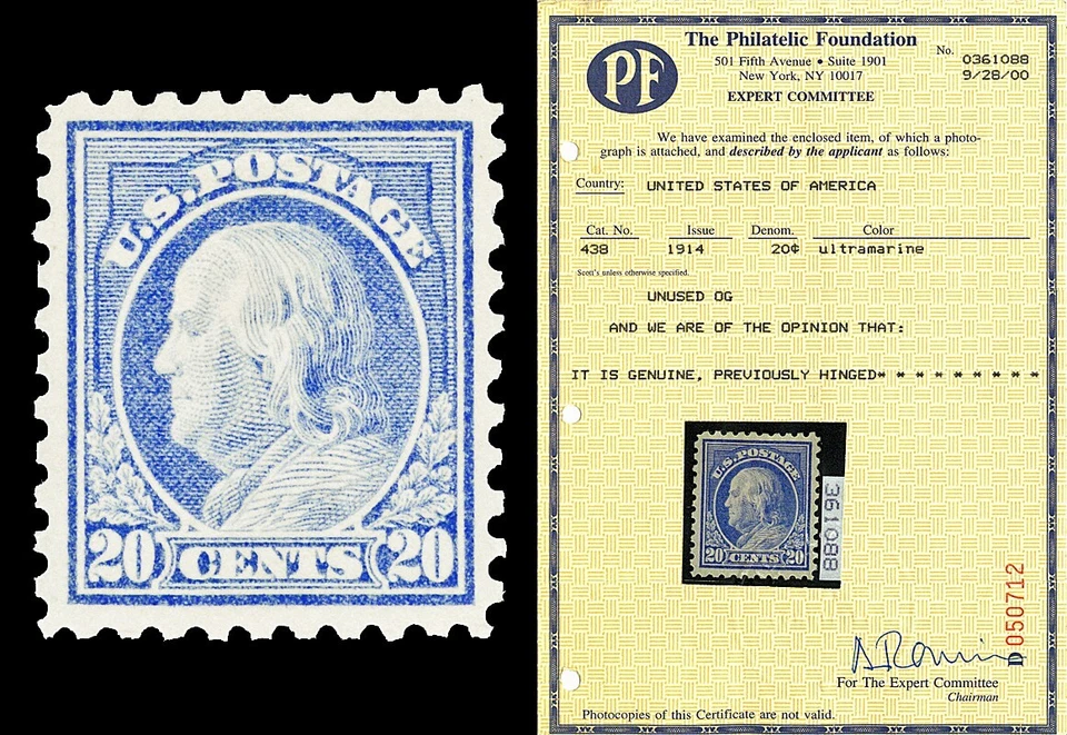 Scott 438 1914 20c Franklin Perf 10 como nuevo en estado bastante bueno LH Cat $200 con certificado PF Foto 1 de 1