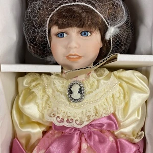Design Debut Porcelain Girl Doll Yellow Satin Pink Lace Dress 17” Vintage - Picture 1 of 6
