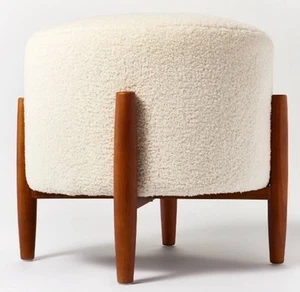 Threshold Studio McGee Round Ottoman Off White Elroy Faux Shearling Wood Legs - Picture 1 of 4