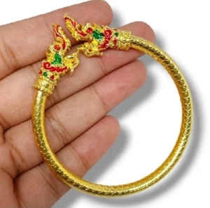 Gold Dragon Bangle Naga Naka Bracelet Thai Amulet Lucky Adjustable Size Charm - Picture 1 of 7