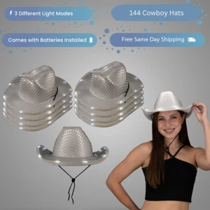 LED Light Up Flashing Sequin White Cowboy Hat Blinking Fun! Cowgirl- Pack of 144 - Picture 1 of 5