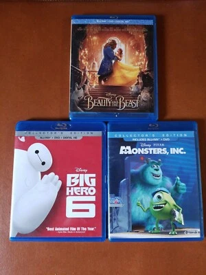 3 Disney-Pixar Blu-ray discs Beauty And the Beast, Big Hero 6, Monsters Inc  - Image 1 of 4