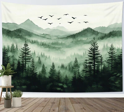Mountain Scenery Pine Tree Forest Green Tapestry for Bedroom Living Room Dorm - Image 1 of 4