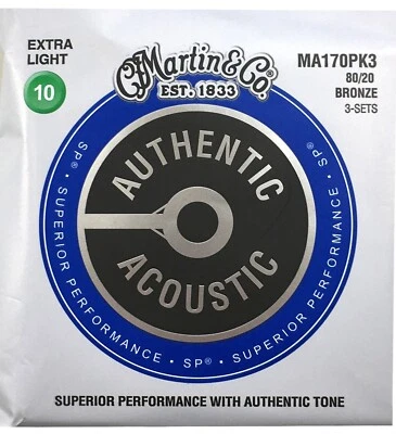 3 juegos de cuerdas de guitarra acústicas Martin extra ligeras 80/20 bronce MA170 Foto 1 de 4