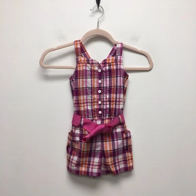 Gymboree Girls Pink Plaid Belted Pockets Sleeveless Button Front Romper 4 $29 - Image 1 of 4