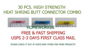 30 PCS. HIGH STRENGTH HEAT SHRINK BUTT WIRE CONNECTORS CRIMP 22-18, 16-14, 12-10 - Picture 1 of 1