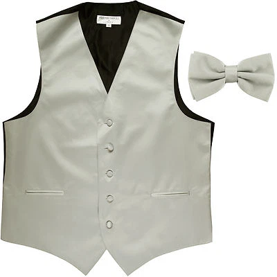 New Men's Formal Vest Tuxedo Waistcoat silver with Bowtie wedding prom party - Image 1 of 4