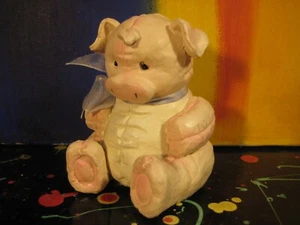 "Stuffed Toy Pig" Cute Resin MIniature Figurine with Blue Cloth Ribbon - Picture 1 of 3