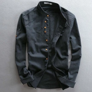 Hemd Leinen Herren lässig Stehkragen Langarm Freizeit Hemden Knopf Bluse Tops~ - Bild 1 von 18