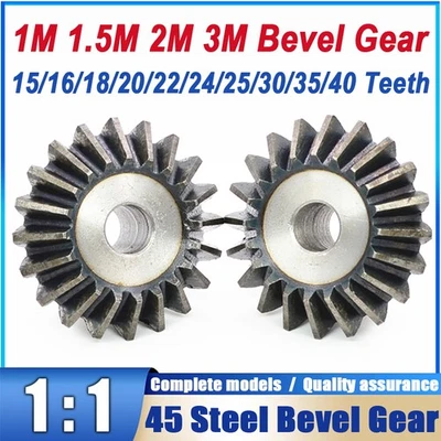 Engranaje cónico 1M 1.5M 2M 3M 15-40 dientes 1:1 90° ángulo de malla 45# engranajes de accionamiento de acero Foto 1 de 4