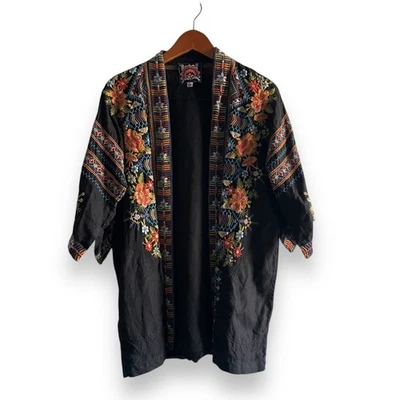 Johnny Was Black Floral Embroidered Linen Kimono Jacket Size S Boho Resortwear - Image 1 of 4