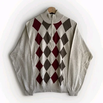 Nuevo con etiquetas Suéter Izod Para Hombre 1/4 Cremallera Algodón Manga Larga Argyle Marrón Beige Foto 1 de 4