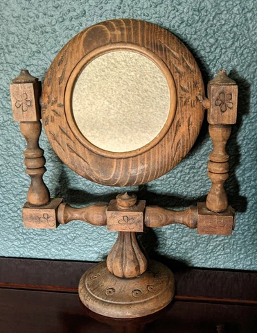 Vintage Wood Vanity Mirror Carved Swivel Round Gothic Witch Style Cover