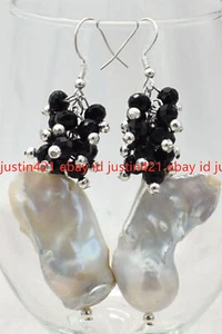 4x6mm Faceted Black Agate Gemstone & 15-20mm White Baroque Pearl Dangle Earrings - Picture 1 of 12