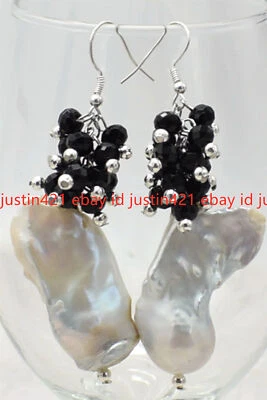 4x6mm Faceted Black Agate Gemstone & 15-20mm White Baroque Pearl Dangle Earrings - Image 1 of 4