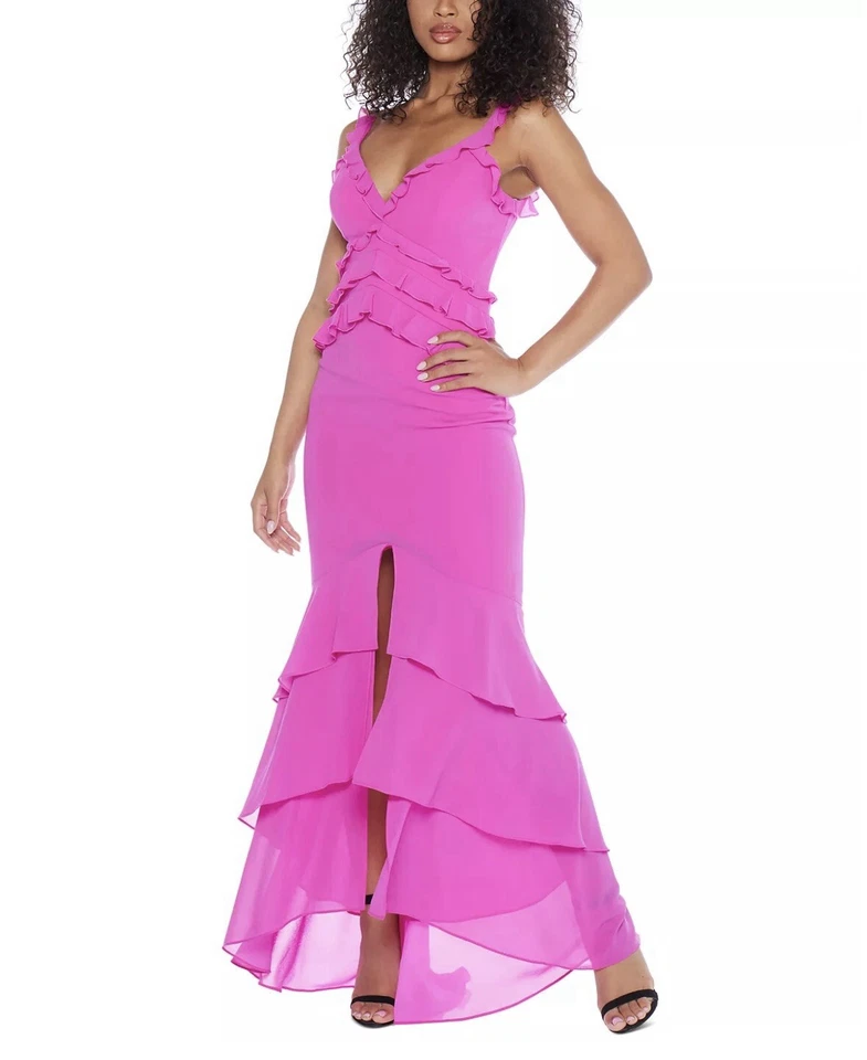 B.Darlin : Juniors' Pink Ruffle V-Neck Front-Slit Gown | Size 1/2 XS | NWT ✨ - Image 1 of 4