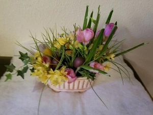 Ceramic Plant Pot and Artificial Easter Eggs & Flowers Pink Lily Yellow 8 x 4" - Picture 1 of 5