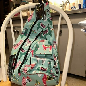 N. Gil Sling Backpack Bag Green Colorful Lamas Multiple Pockets NWT FX - Picture 1 of 2