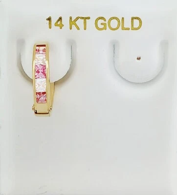 LAB CREATED WHITE & PINK SAPPHIRE HOOP Single EARRING 14K YELLOW GOLD - NWT - Image 1 of 4