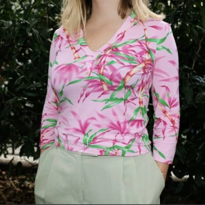 Gianni Versace Pink Top exotic bamboo pattern v-neck fit s/m women medusa - Image 1 of 4