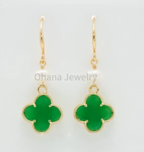 Natural Green Jade Freshwater Pearl Dangling Drop Earrings - 4 Leaf Clover - Picture 1 of 1