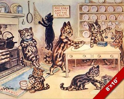 GATOS OCUPADOS TRABAJANDO EN LA COCINA LOUIS WAIN ARTE PINTURA IMPRESIÓN LIENZO REAL Foto 1 de 4