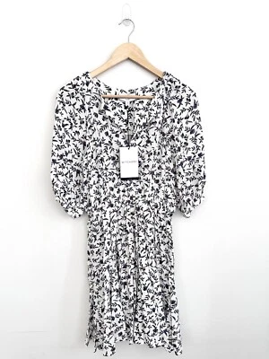 New Witchery Painterly Floral Pintuck Blouson Sleeve Tie Waist Mini Dress Size 6 - image 1 of 4