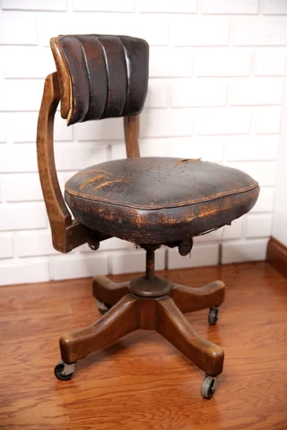 Antique Oak and Leather Swivel Adjustable Office Desk Chair bankers chair wheels Cover