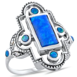 ANTIQUE STYLE 925 SOLID STERLING SILVER LAB-CREATED BLUE FIRE OPAL RING     215z - Picture 1 of 3