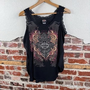 Harley-Davidson Shirt Womens Medium Black Lace Long Sleeve Embellished Biker Top - Picture 1 of 6