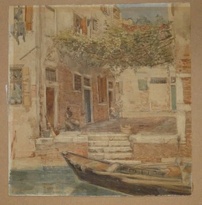 Venice Italy Woman & Gondola - Watercolour Painting c1900  - Picture 1 of 3