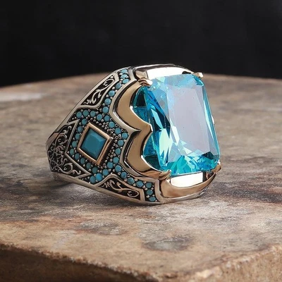 Aqua Stone Blue Zircon Micro Sides Men's Ring, 925 Sterling Silver Jewelry 04 - Image 1 of 4
