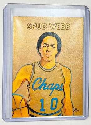 Tarjeta coleccionable Spud Webb limitada chapada en oro firmada por artista "Midland College" 1/1 Foto 1 de 2