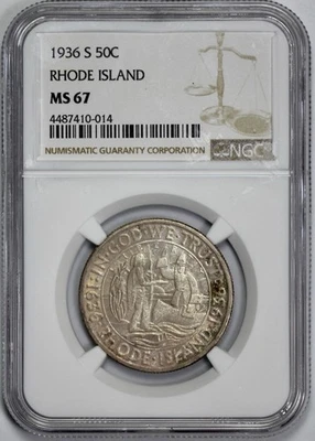 1936-S Rhode Island 50c Commemorative Silver Half Dollar NGC MS 67 - Image 1 of 4