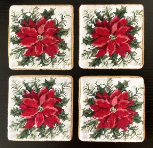 Vintage Christmas Needlepoint Coasters Poinsettias Red Gold Set of 4 - Picture 1 of 3
