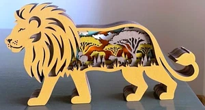 King of the Jungle Lion African Safari Scene Wood Wooden Diorama 3D Sculpture - Picture 1 of 5