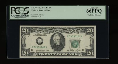 DBR 1981-A $20 FRN Dallas Gem Fr. 2074-K PCGS 66 PPQ Serial K74390162A - Image 1 of 2