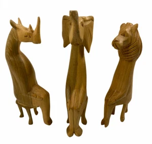 Figuras de animales de madera talladas a mano de colección elefante león rinoceronte sentado arte popular africano - Imagen 1 de 12