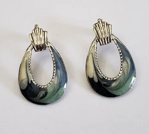1-Pair Pierced Earrings Oval Enamel Silver Tone 1.5 in Multicolor Vintage - Bild 1 von 3