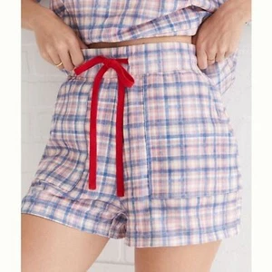 Neu mit Etikett Anthropologie Kachel Karomuster hoch tailliert Bio-Baumwolle Sweatshorts - Bild 1 von 12