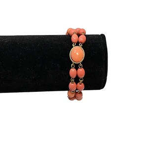 Estate Monet Bracelet Gold with Pink Coral Acrylic Beading Signed Hook Clasp - Picture 1 of 15