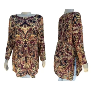 J Jill Womens Paisley Tunic Top Medium Petite Brown Multicolor Pullover Boho - Picture 1 of 7