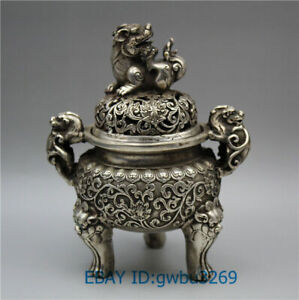  Chinese Old Tibet silver Incense Burner Handwork Dragon & Lion w Xuande Mark