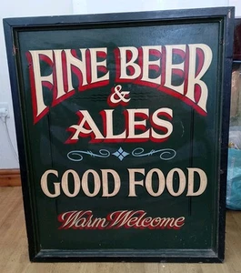 GROSSES VINTAGE "FEINES BIER & ALES" HOLZSCHILD HANDBEMALT 76X92X3CM siehe Bilder - Bild 1 von 6