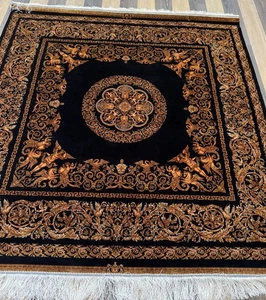Silk-Feel Shiny Rug 150x150cm Gold Ornate Black Square Design - Picture 1 of 10