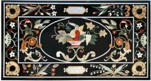 48x24 Black Marble Inlay Dining Table Top Floral Pietradura Mughal Art Decors - Picture 1 of 9
