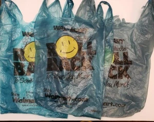 LOT OF 3!! 2001 Vintage Wal-Mart Shopping Bag Blue Roll Back Smiley Face 16x16 - Picture 1 of 19