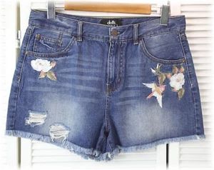 Women's Sparrow & Roses Embroidered Distressed Frayed Dotti Denim Shorts Size 14 - Picture 1 of 5