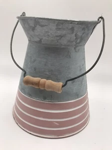 Galvanized Silver Metal Rustic Flower Vase with Wood Handle & Pink Striped Base - Picture 1 of 14